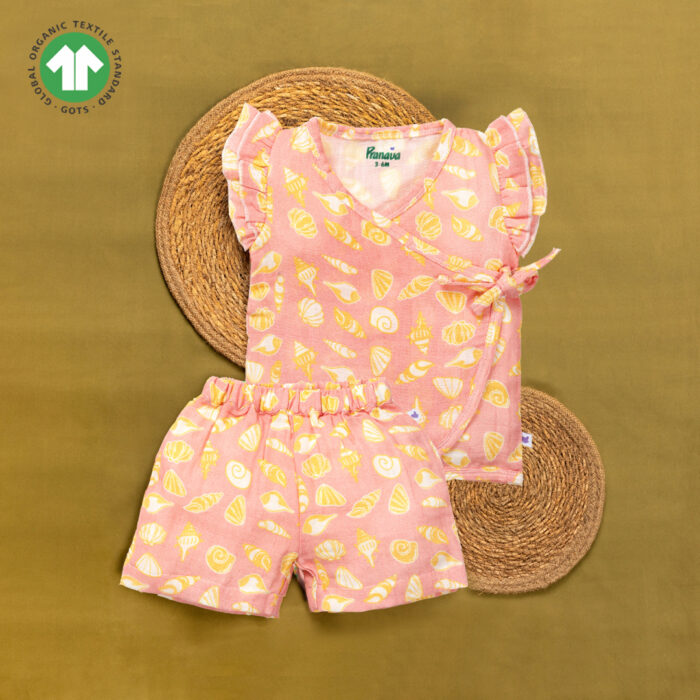 Untitled design - 29 Baby Girls Seashell Printed 100% Organic Cotton Jhabla and Shorts Set - Pink - Image 1