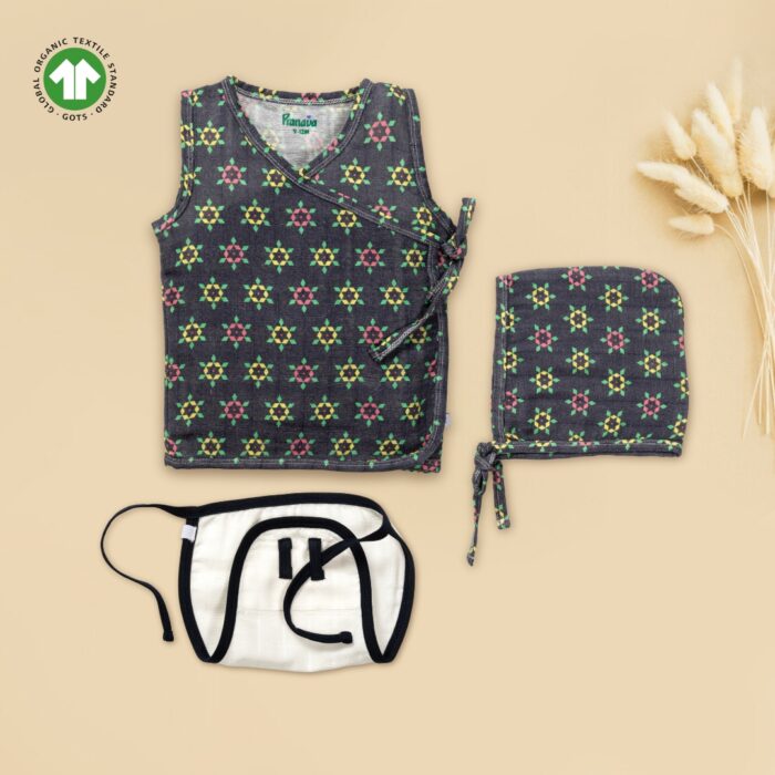 29 Unisex Baby Geometric Printed 100% Organic Cotton Jhabla, Langot and Cap Set - Navy and White - Image 1