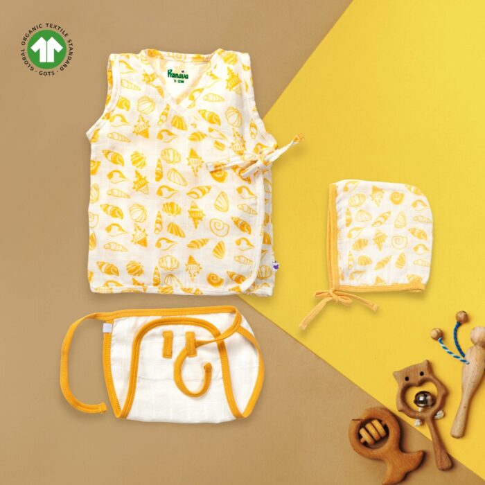 30 Unisex Baby Seashell Printed 100% Organic Cotton Jhabla, Langot and Cap Set - White - Image 1