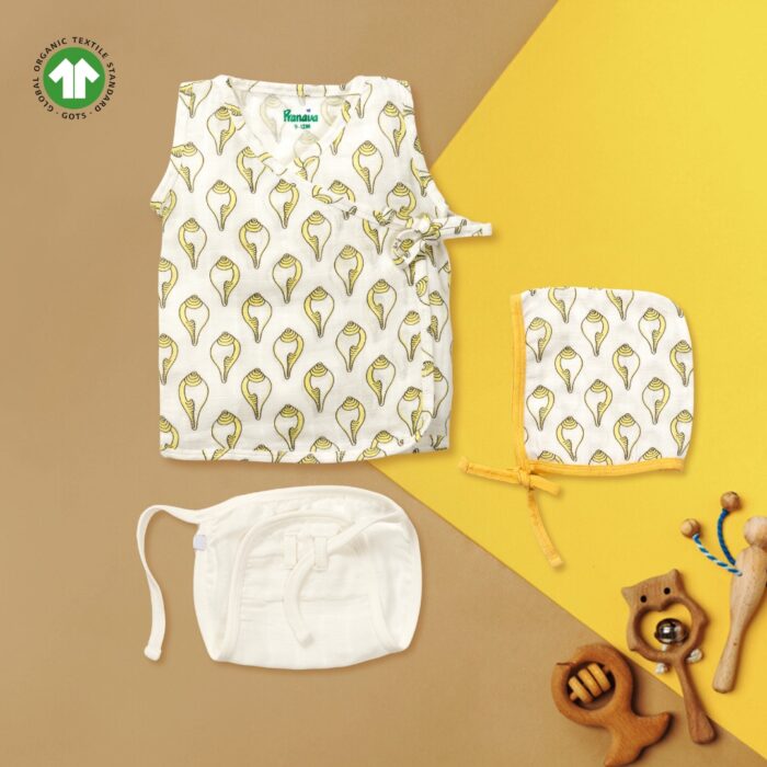 31 Unisex Baby Shankh Printed 100% Organic Cotton Jhabla Langot and Cap Set - White - Image 1