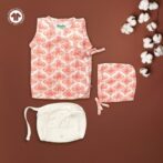 Unisex Baby Batik Printed 100% Organic Cotton Jhabla Langot and Cap Set - White