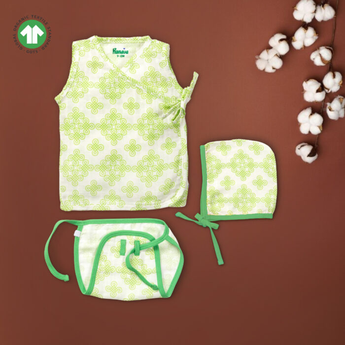 Creative shoot - 33 Unisex Baby Kolam Printed 100% Organic Cotton Jhabla, Langot and Cap Set - White - Image 1