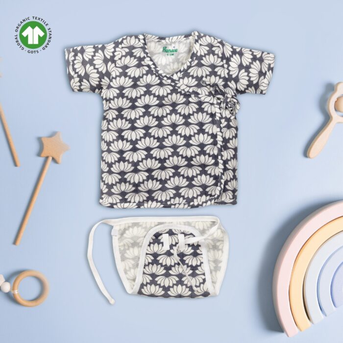 Unisex Baby Lotus Printed 100% Organic Cotton Jhabla and Langot Set - Navy - Image 1