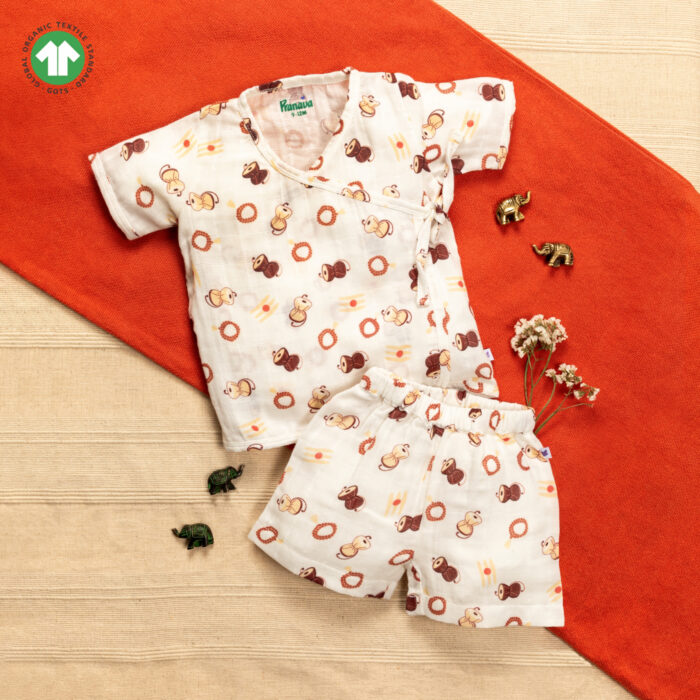 POB-ZS-E2 Unisex Baby Damru Printed 100% Organic Cotton Jhabla and Shorts Set - White - Image 1