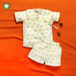 Unisex Baby Geometrical Printed 100% Organic Cotton Jhabla and Shorts Set - White