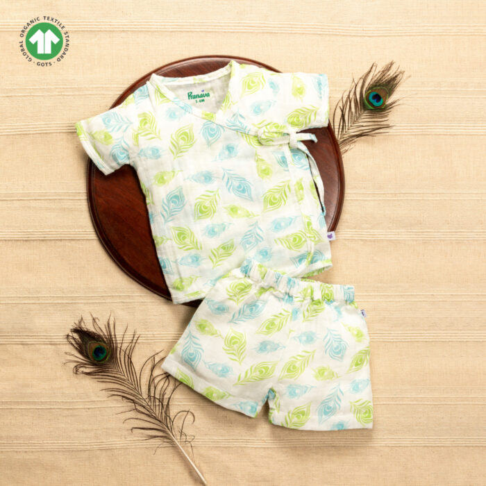 POB-ZS-E5 Unisex Baby Peacock Feather Printed 100% Organic Cotton Jhabla and Shorts Set - White - Image 1