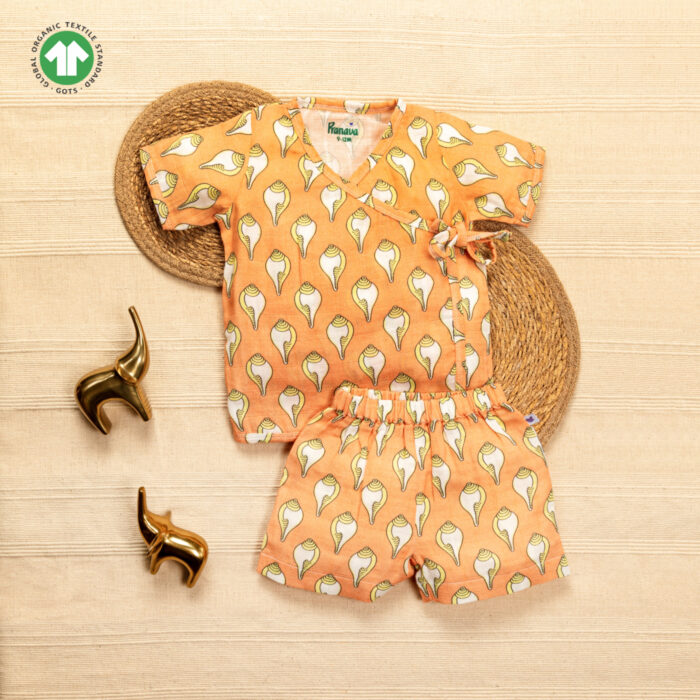 POB-ZS-E7 Unisex Baby Shankh Printed 100% Organic Cotton Jhabla and Shorts Set - Orange - Image 1