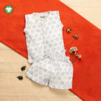 Unisex Baby Geometric Design Printed 100% Organic Cotton Jhabla and Shorts Set - White