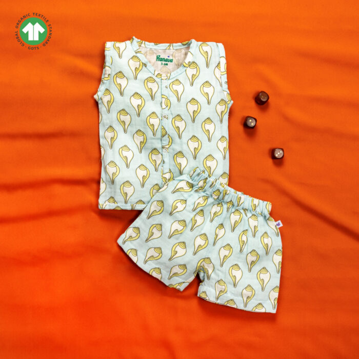 POB-ZS-F5 Unisex Baby Shankh Printed 100% Organic Cotton Jhabla and Shorts Set - Sky Blue - Image 1