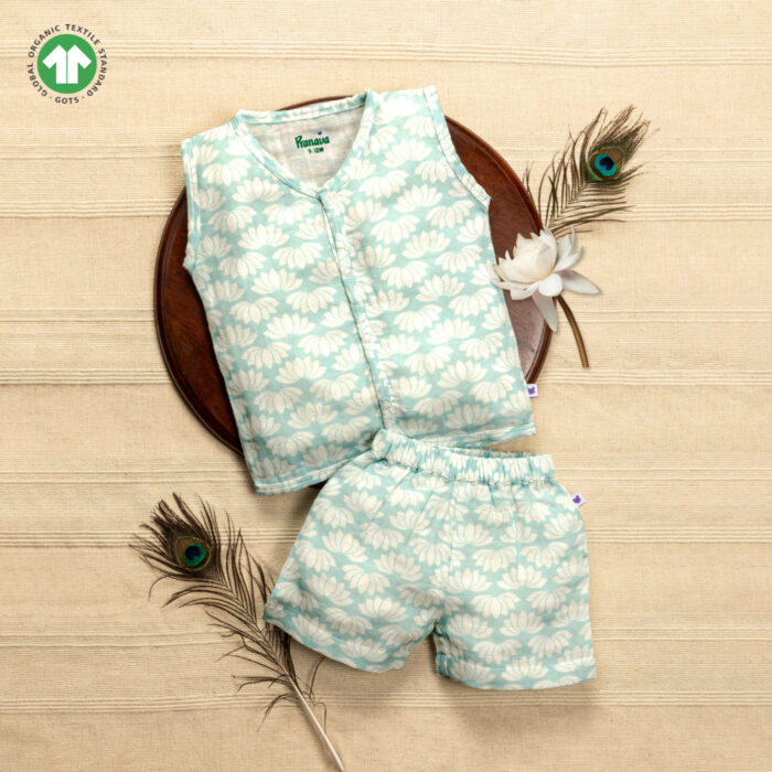 POB-ZS-F6 cop Unisex Baby Lotus Printed 100% Organic Cotton Jhabla and Shorts Set - Sky Blue - Image 1