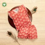Baby Girls Geometric Printed 100% Organic Cotton Jhabla and Shorts Set - Maroon