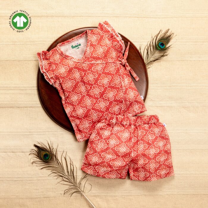 POB-ZS-G1 Baby Girls Geometric Printed 100% Organic Cotton Jhabla and Shorts Set - Maroon - Image 1