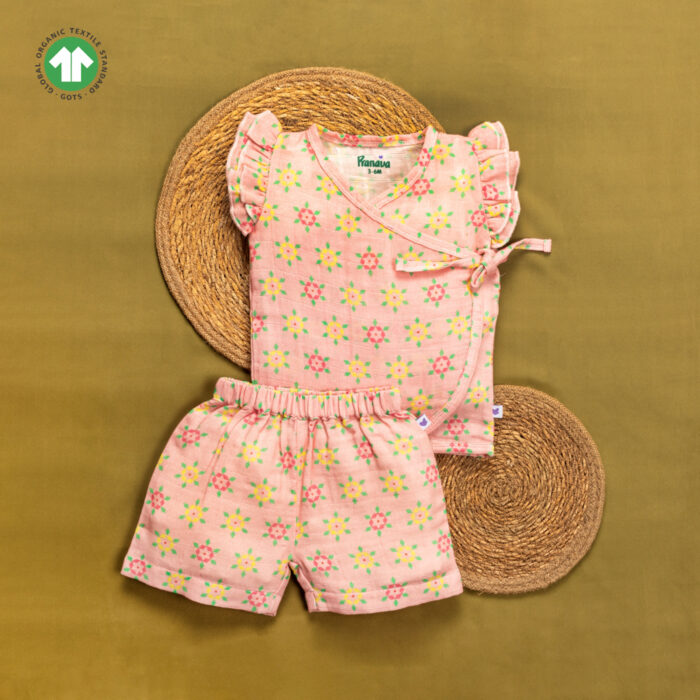 POB-ZS-G3 Baby Girls Geometric Printed 100% Organic Cotton Jhabla and Shorts Set - Pink - Image 1