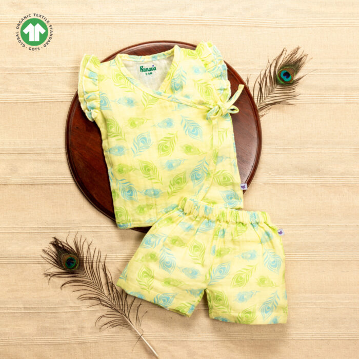 POB-ZS-G4 Baby Girls Peacock Feather Printed 100% Organic Cotton Jhabla and Shorts Set - Light Yellow - Image 1