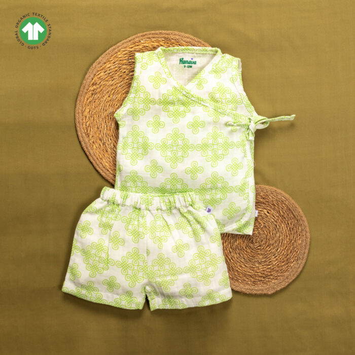POB-ZS-H12 Unisex Baby Kolam Printed 100% Organic Cotton Jhabla and Shorts Set - White - Image 1