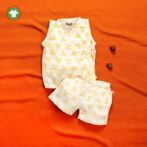 Unisex Baby Triangle Printed 100% Organic Cotton Jhabla and Shorts Set - White