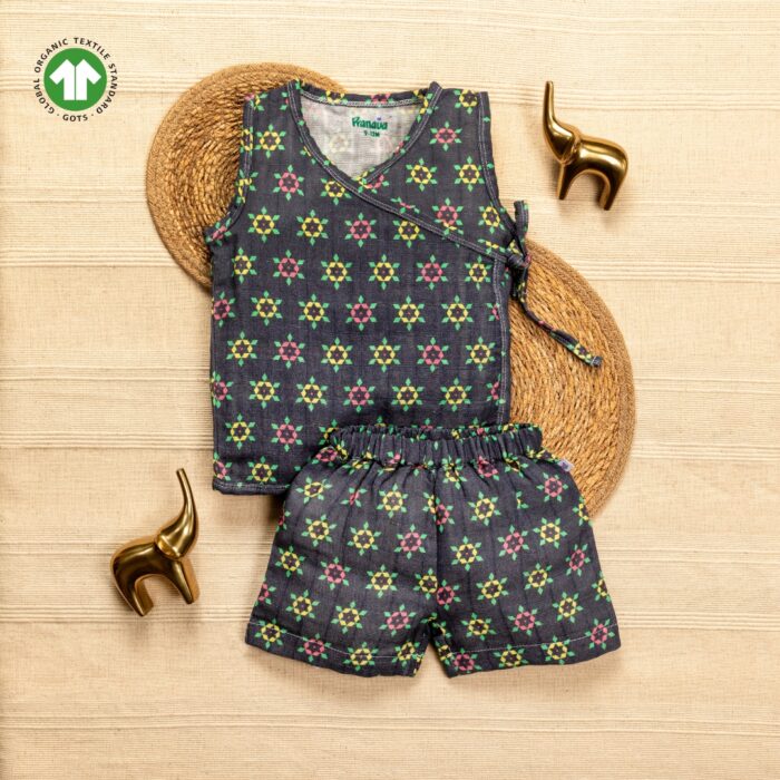 POB-ZS-H7 Unisex Baby Geometric Printed 100% Organic Cotton Jhabla and Shorts Set - Navy - Image 1