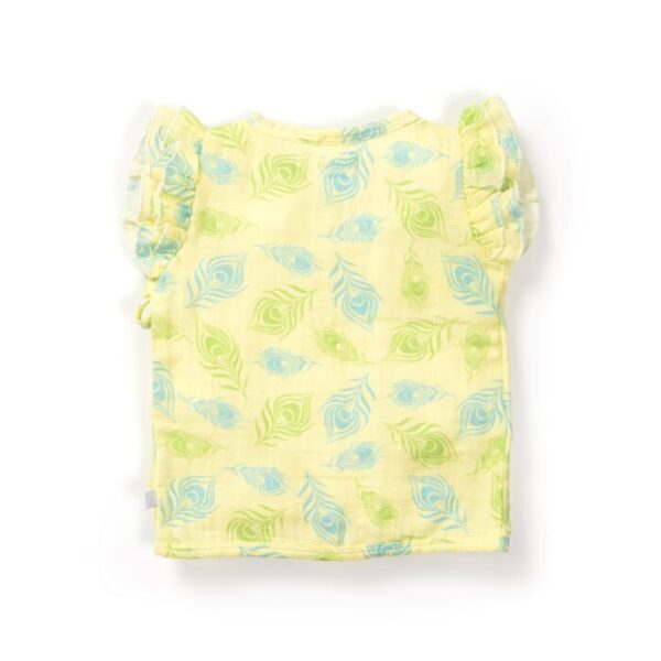 Baby Girls Peacock Feather Printed 100% Organic Cotton Jhabla and Shorts Set - Light Yellow - Image 3