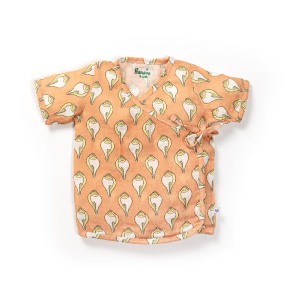 Unisex Baby Shankh Printed 100% Organic Cotton Jhabla and Langot Set - Orange and White - Image 2
