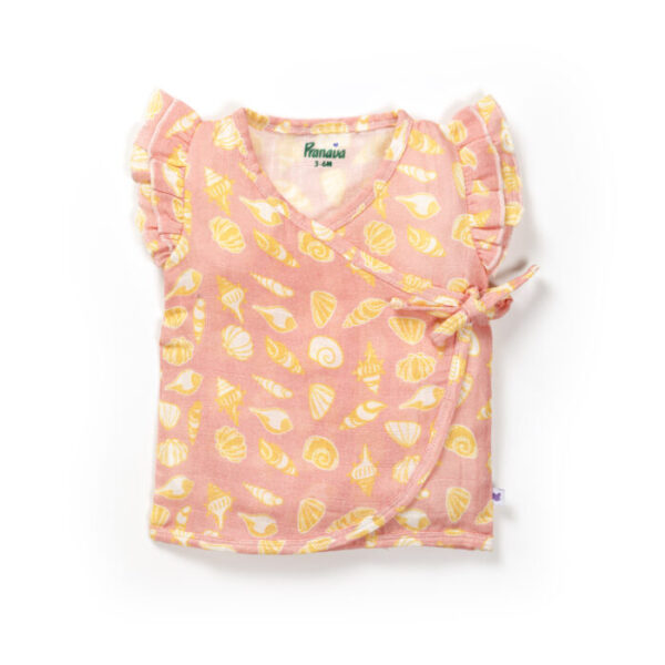 Baby Girls Seashell Printed 100% Organic Cotton Jhabla and Langot Set - Pink and White - Image 2