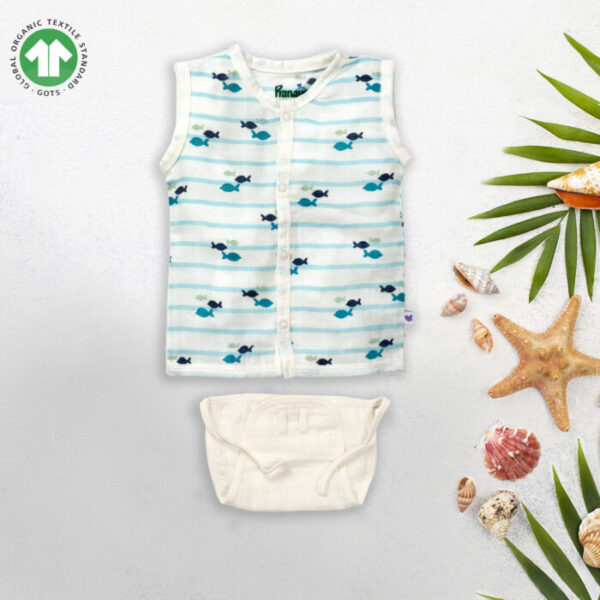 Unisex Baby Sea life Printed 100% Organic Cotton Jhabla and Nappy Set - Blue and White - Image 2