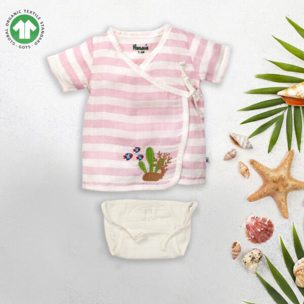 PSL-IG-16 Unisex Baby Sea life Printed 100% Organic Cotton Jhabla and Nappy Set - Pink and White - Image 1