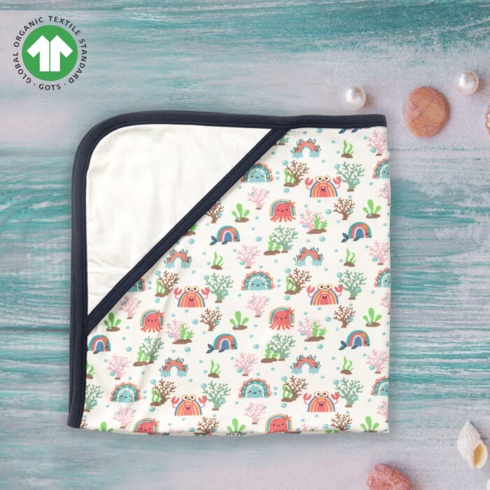 PSLI-A-01 Unisex 100% Organic Cotton Sea Life Printed Interlock Blanket for Newborn Baby- White - Image 1