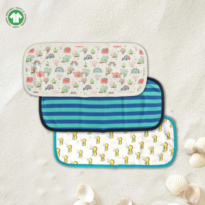 PSLI-A-08 Kids and Newborn Babies 100% Organic Cotton Sea Life Printed Burp Cloths - Blue and White - Pack of 3 - Image 1