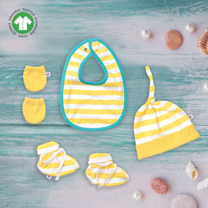 PSLI-A-Set-05 Unisex 100% Organic Cotton Sea Life Stripe Printed Gift set for Newborn Baby - Pack of 4 - Yellow - Image 1