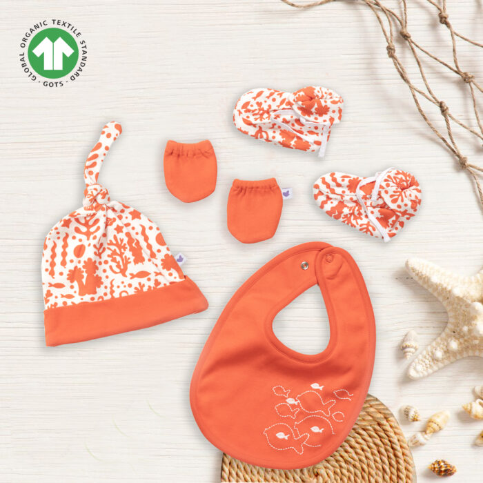 PSLI-A-Set-06 Unisex 100% Organic Cotton Sea Life Printed Gift set for Newborn Baby - Pack of 4 - Orange - Image 1