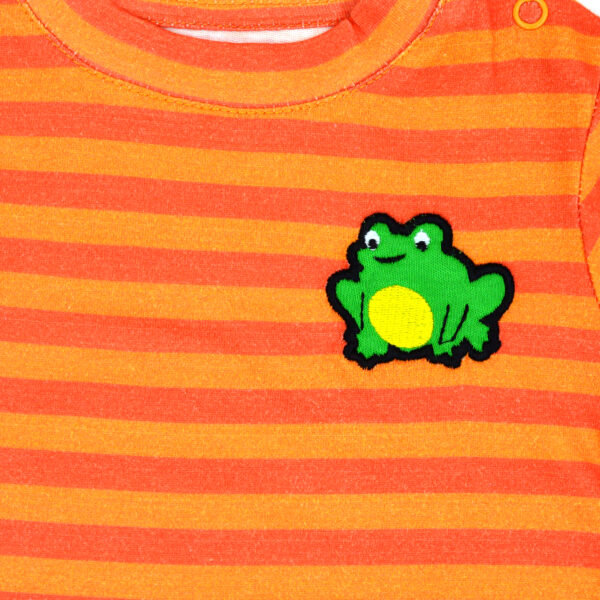 Unisex Baby Wear 100% Organic Cotton Half Sleeve Stripe T-shirt with cute Frog Embroidered - Orange - Image 4