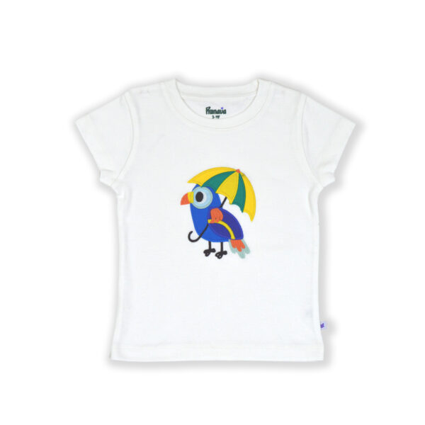 Trendy Unisex Kids Wear 100% Organic Cotton Half Sleeve T-shirt with Colorful Parrot Embroidered - White - Image 2