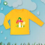 Modern Unisex Kids Wear 100% Organic Cotton Full Sleeve T-shirt with Frog & Mushroom Embroidered - Yellow