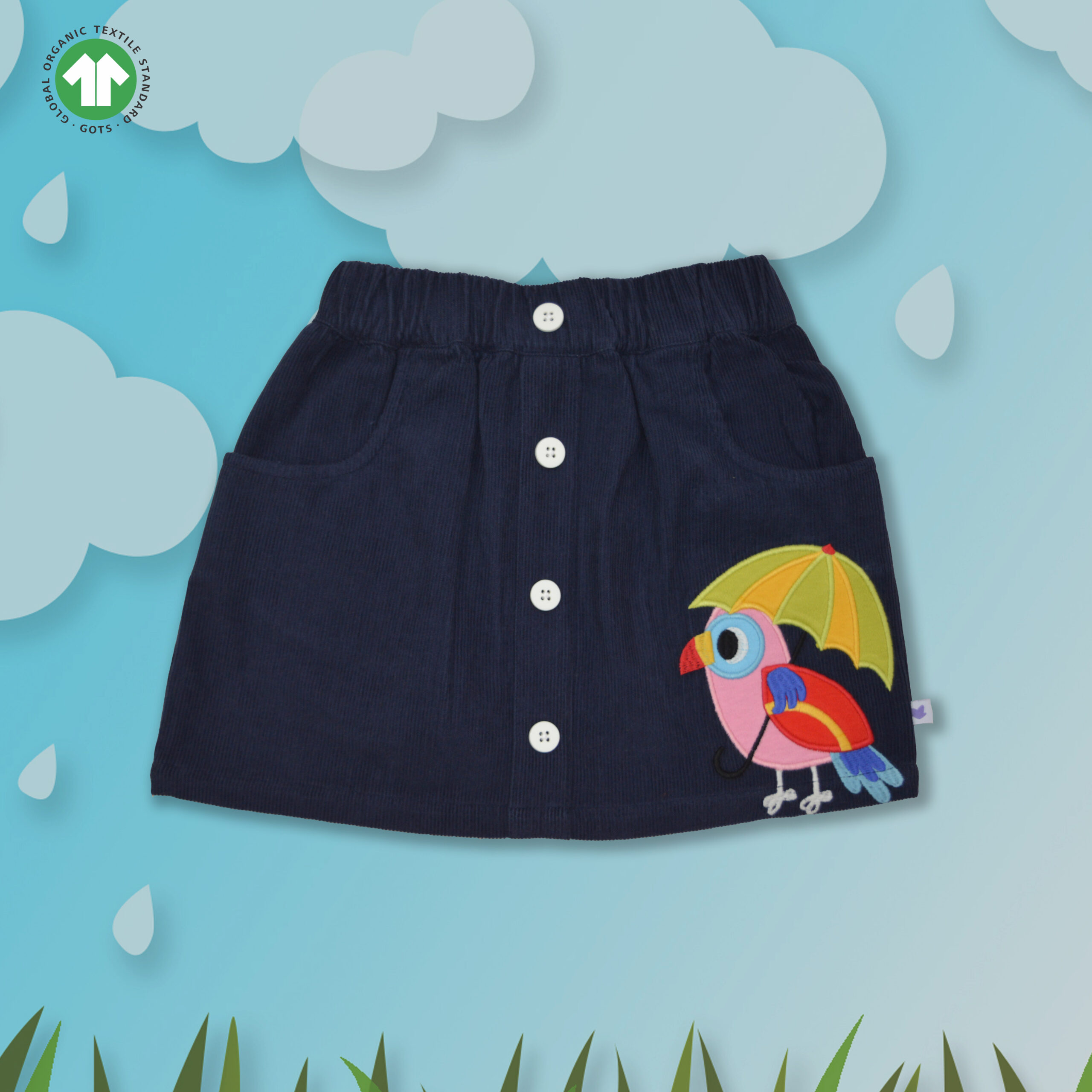 ODC-13 C front crtv D Stylish Kids Wear for Girls 100% Organic Cotton Corduroy Skirt with Cute Parrot Embroidered - Navy - Image 1