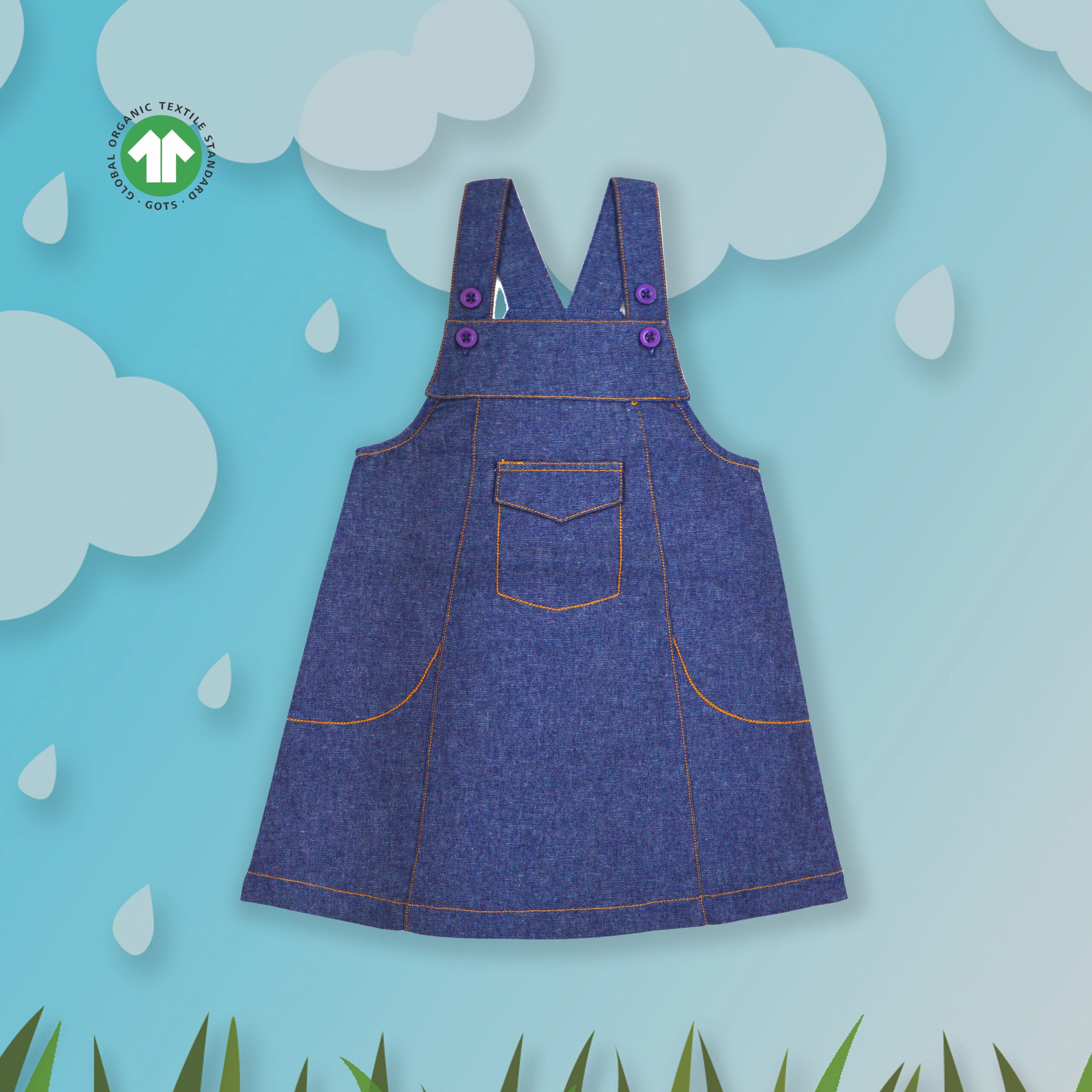 ODC-29 B Front Creative D Modern Kids Wear for Girls 100% Organic Cotton Denim Dungree - Blue - Image 1