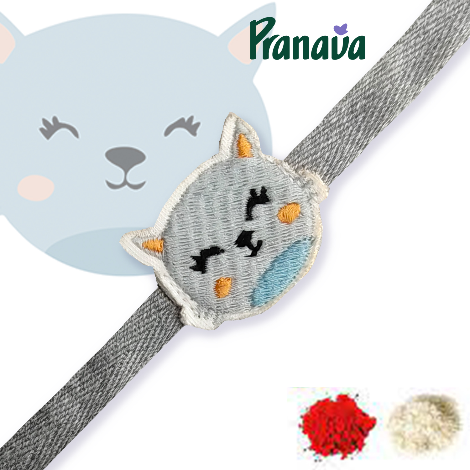PR23-05 (1) 100% Organic Cotton Cat Embroidered Raksha Bandhan Bracelet for Baby and Kids - Image 1