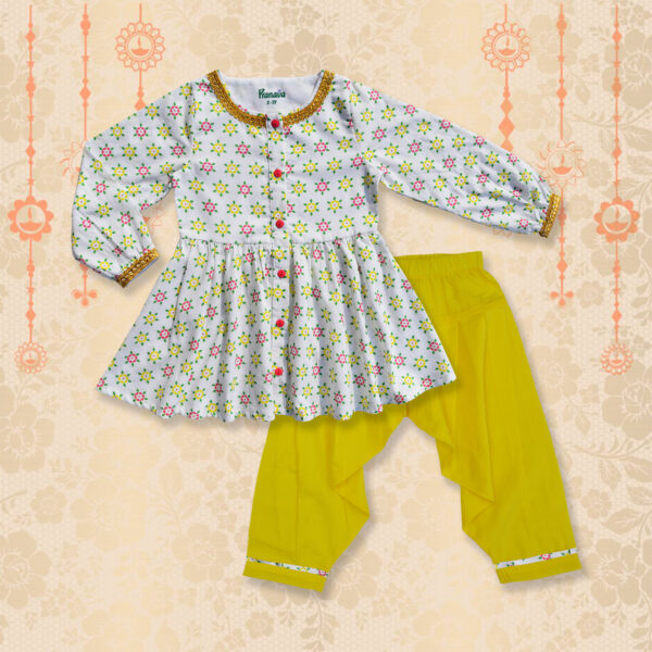 Girls Organic Cotton Rangoli Printed Top & Salwar - White - Image 2