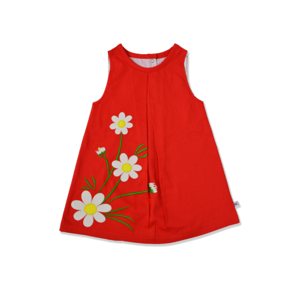 Girls Organic Cotton A-line Dress with Floral Embriodery-Red - Image 2