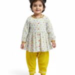 Girls Organic Cotton Rangoli Printed Top & Salwar - White
