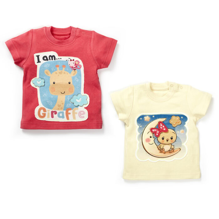 14.jpg Girls Bird & Giraffe Printed T-Shirts Combo - Pink & Yellow - Image 1