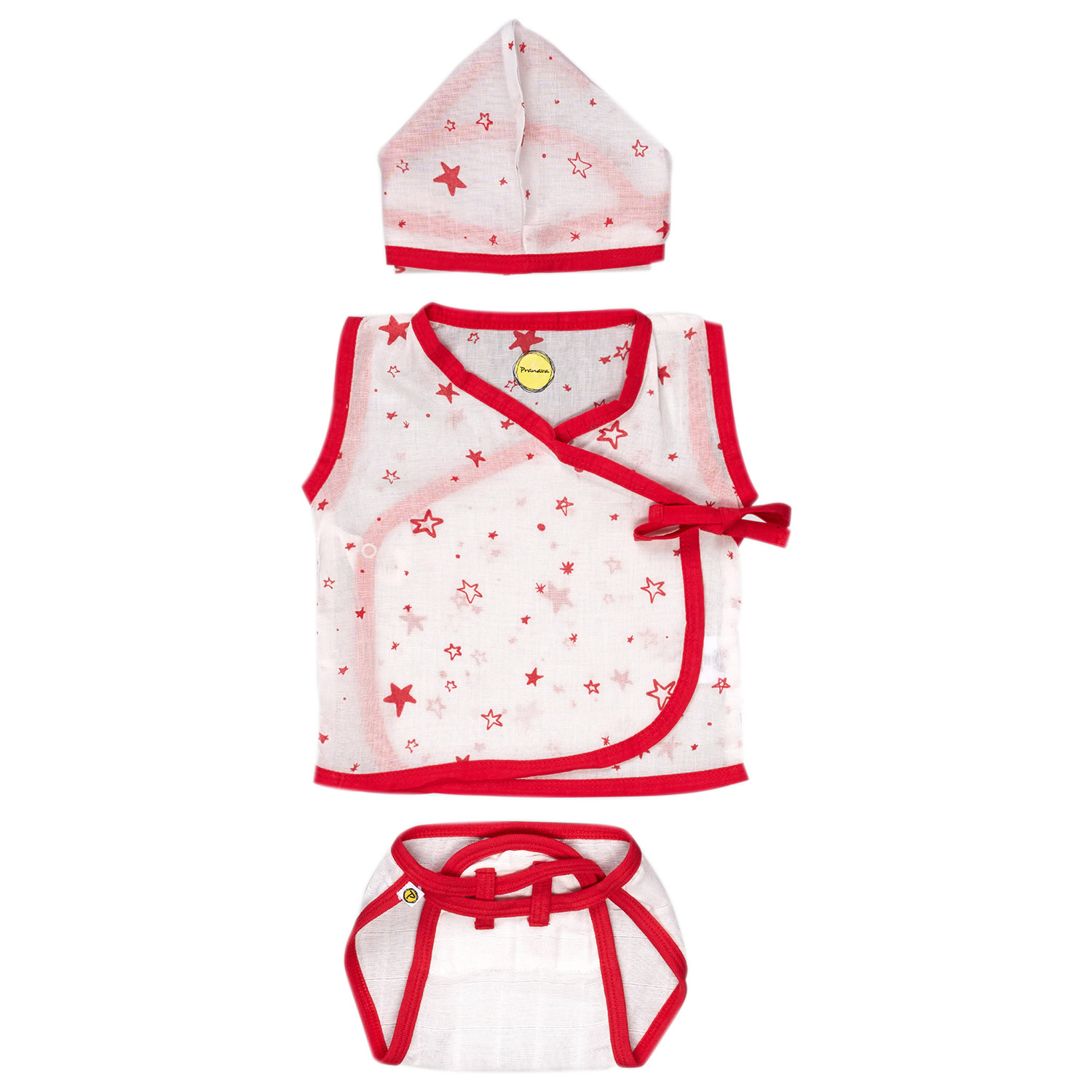 ZLPO3-01-0-3-Red-Star.jpg Unisex 100% Organic Cotton Star Printed Jhabla Set - Image 1