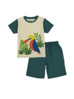Pranava Boys Organic Cotton Single Jersey Half Sleeves Leafs Print And Bird Applique Tee & Shorts Set - Mallard Green - Image 2