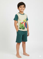 Pranava Boys Organic Cotton Single Jersey Half Sleeves Leafs Print And Bird Applique Tee & Shorts Set - Mallard Green