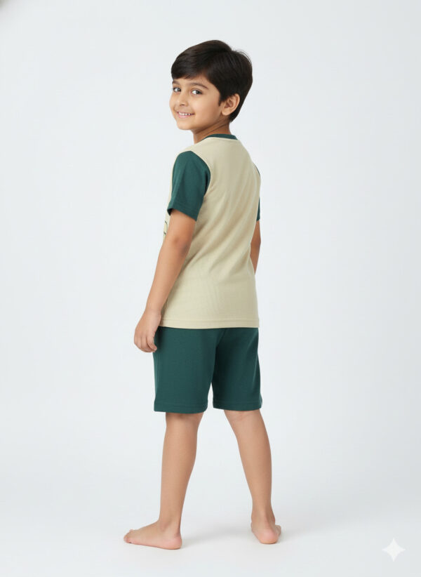 Pranava Boys Organic Cotton Single Jersey Half Sleeves Leafs Print And Bird Applique Tee & Shorts Set - Mallard Green - Image 3