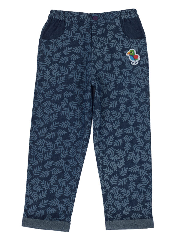 Pranava Girls Organic Cotton Denim Full Length Leaf All Over Print & Bird Print Patch Pant - Blue - Image 2