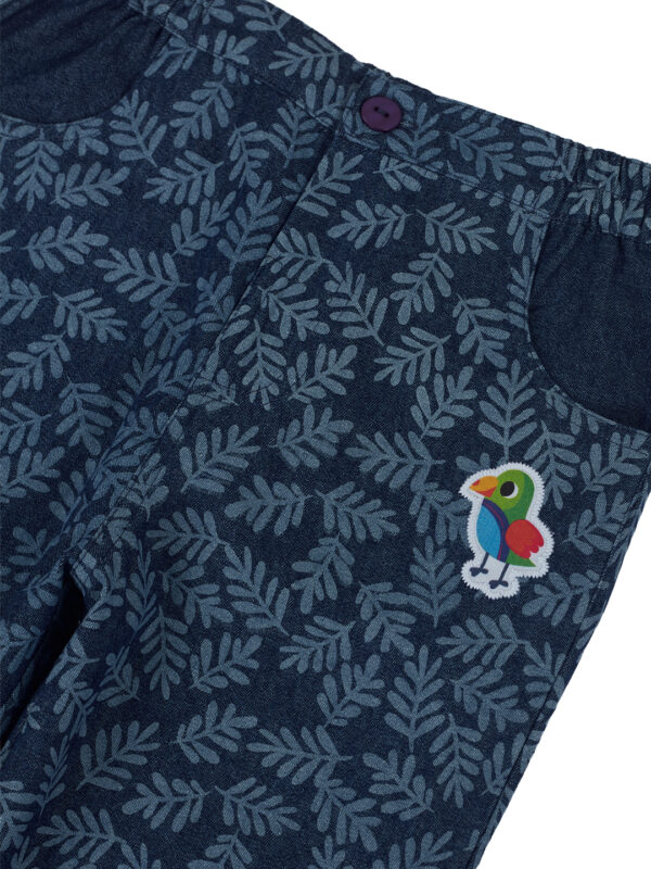 Pranava Girls Organic Cotton Denim Full Length Leaf All Over Print & Bird Print Patch Pant - Blue - Image 5