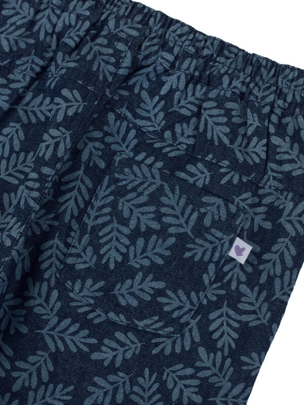 Pranava Girls Organic Cotton Denim Full Length Leaf All Over Print & Bird Print Patch Pant - Blue - Image 4