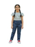 Pranava Girls Organic Cotton Denim Full Length Leaf All Over Print & Bird Print Patch Pant - Blue - Image 6