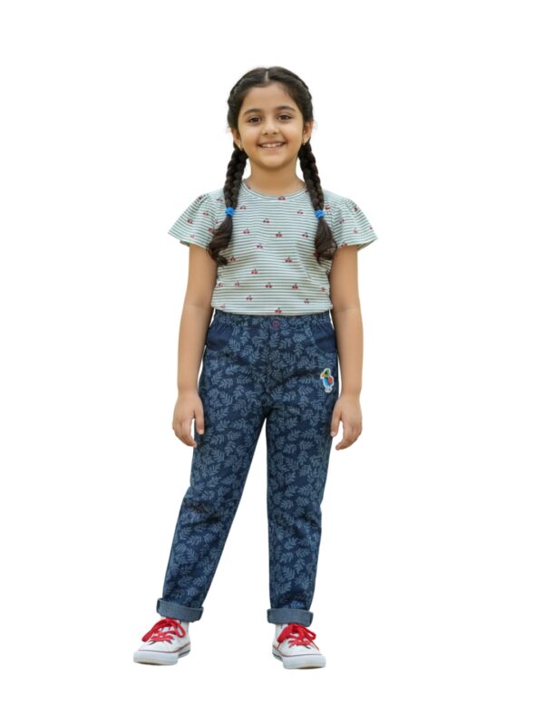 Pranava Girls Organic Cotton Denim Full Length Leaf All Over Print & Bird Print Patch Pant - Blue - Image 6