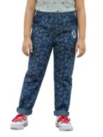 Pranava Girls Organic Cotton Denim Full Length Leaf All Over Print & Bird Print Patch Pant - Blue